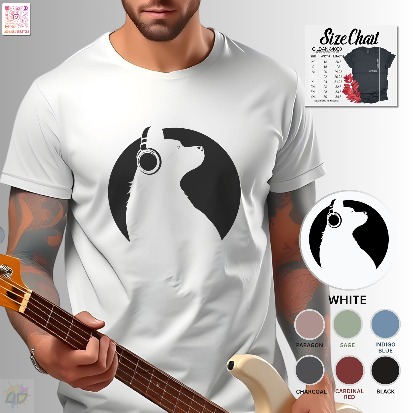 Silhouette of Puppy wearing headphones in a circular style graphic.