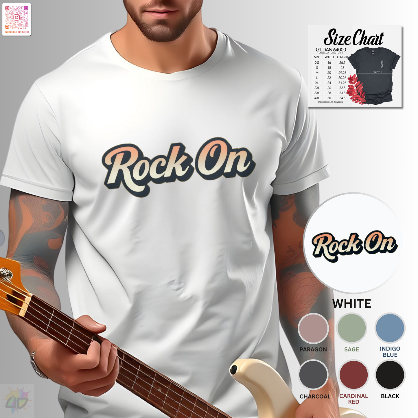 "Rock On" in vintage type graphic tee.