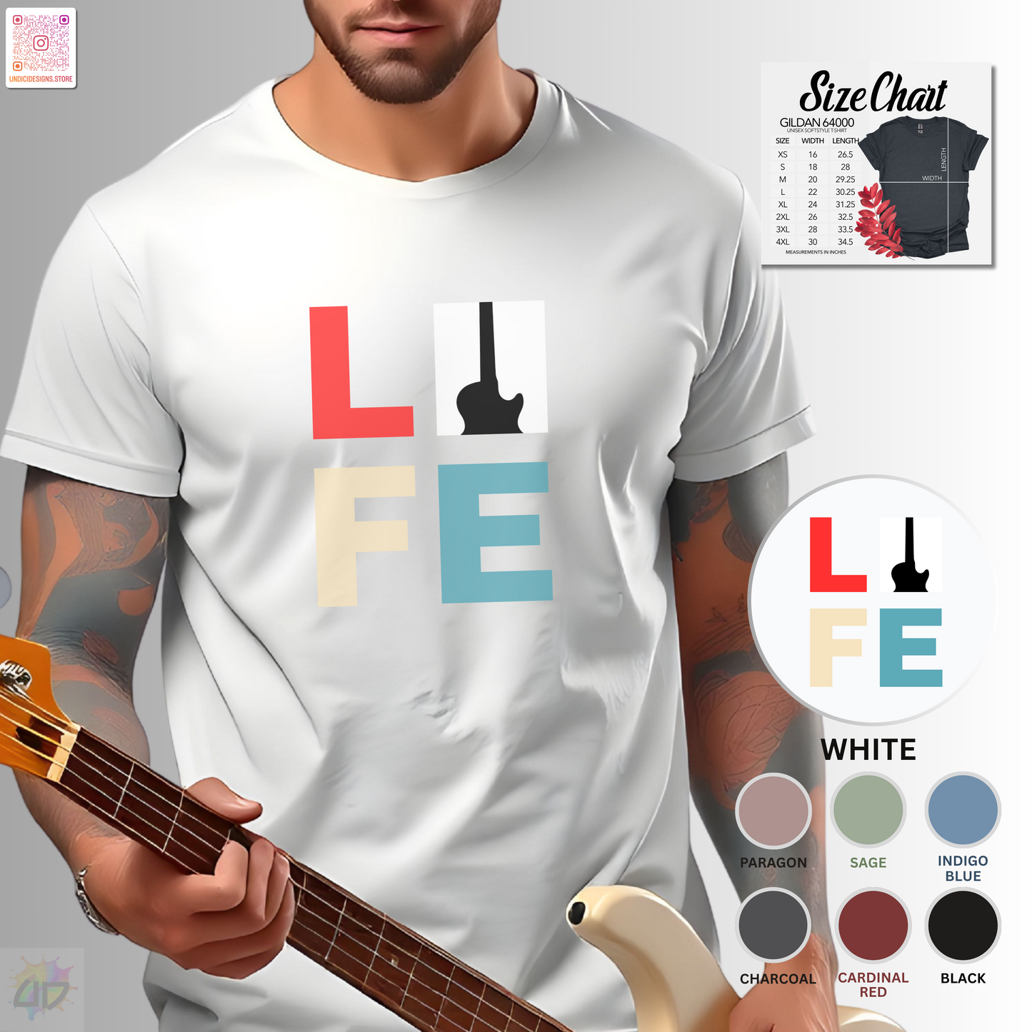 "LIFE" in color with guitar graphic tee.