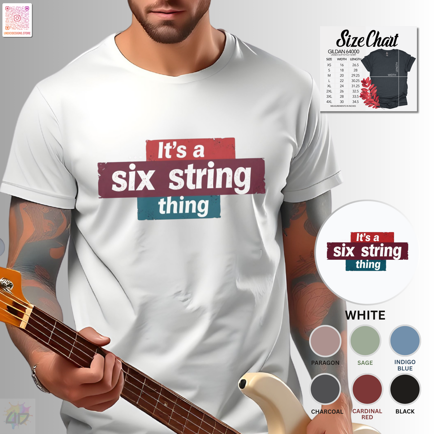 "It's a six-string thing" in highlighted text graphic tee.