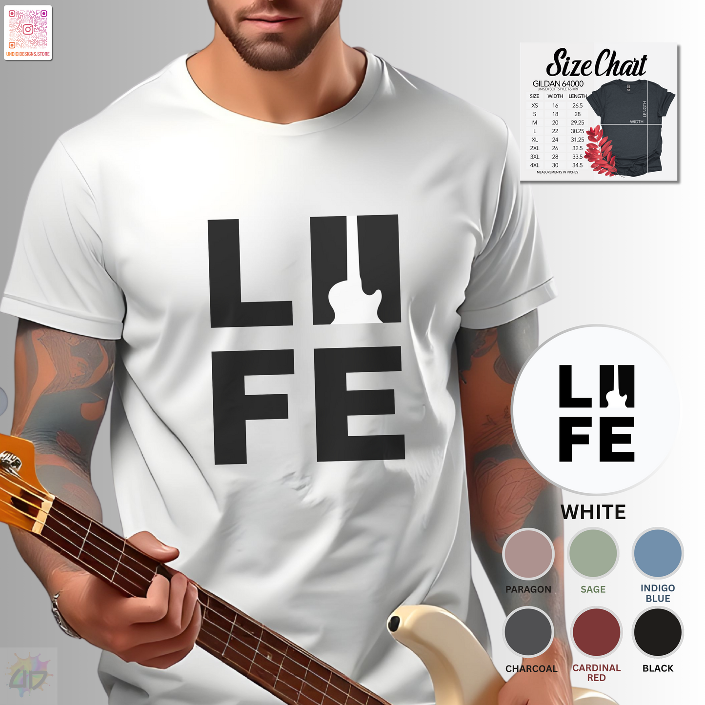 "LIFE" in a black and white box graphic tee with guitar.