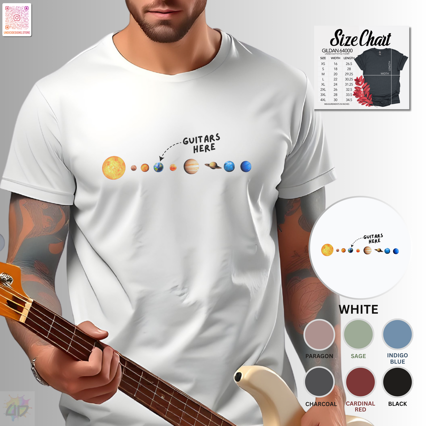 "Guitars Here" vertical solar system graphic tee.