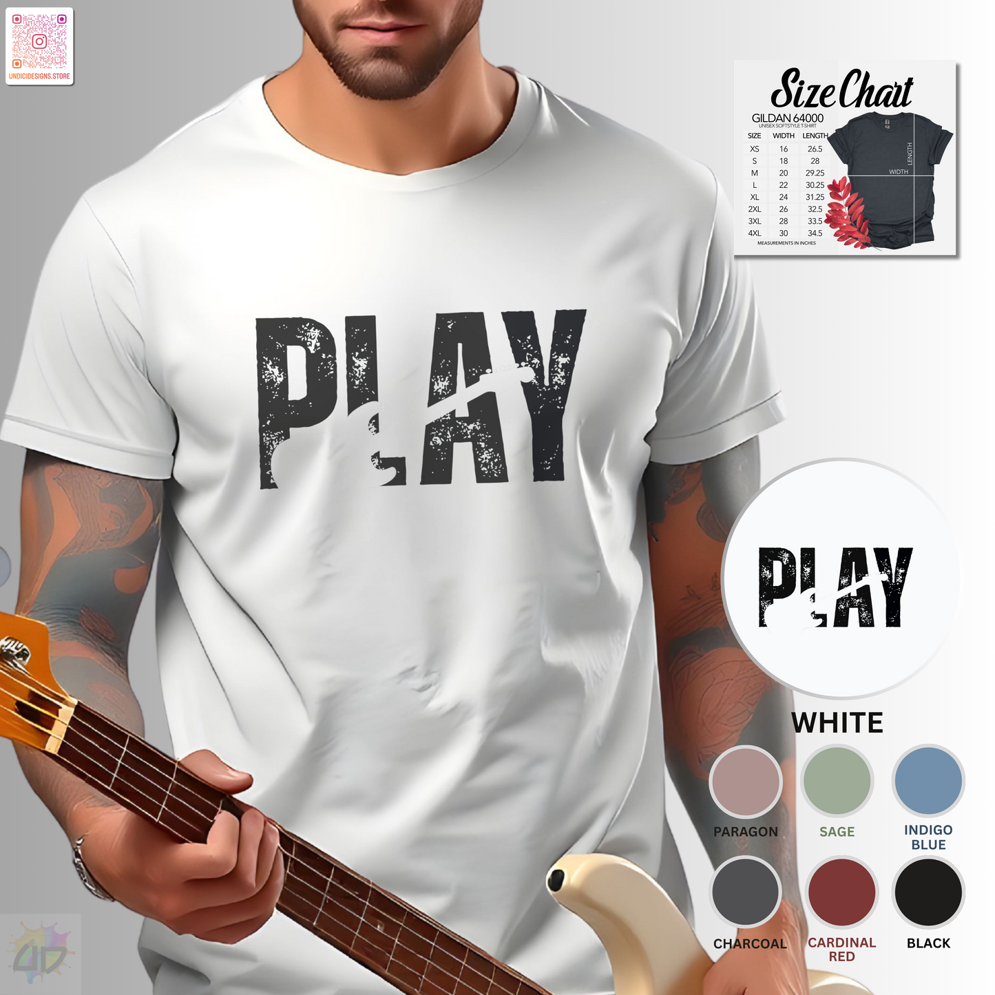 "Play" grunge graphic with guitar silhouette graphic tee.