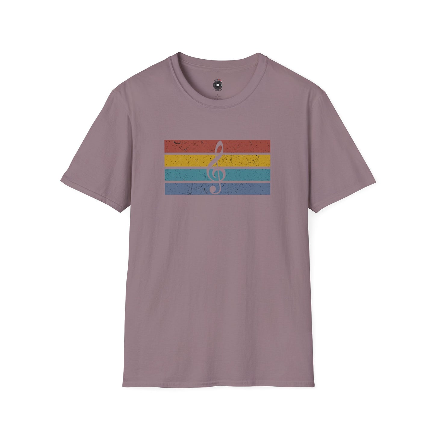 Treble Clef on Retro Sunset Graphic Tee.
