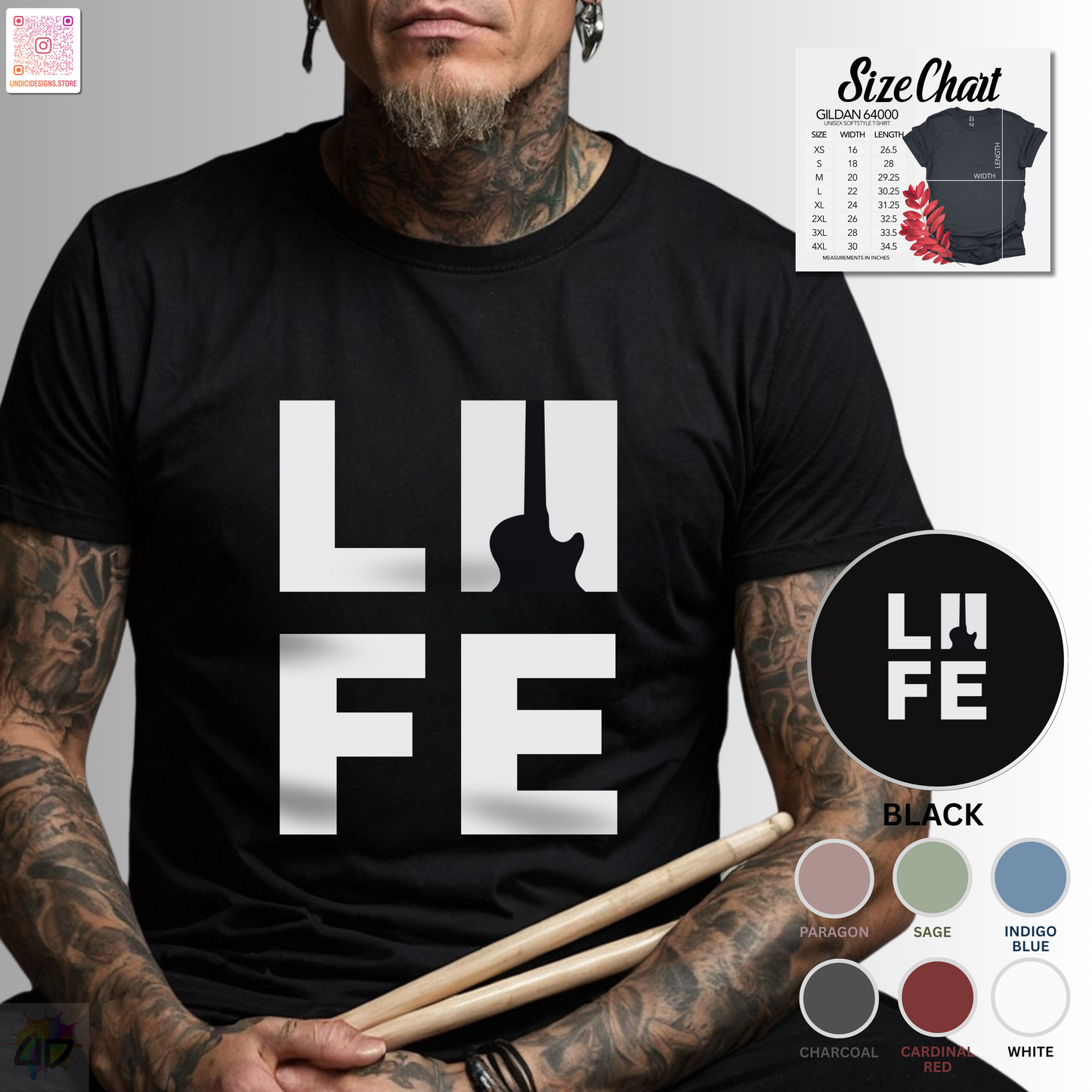 "LIFE" in a black and white box graphic tee with guitar.