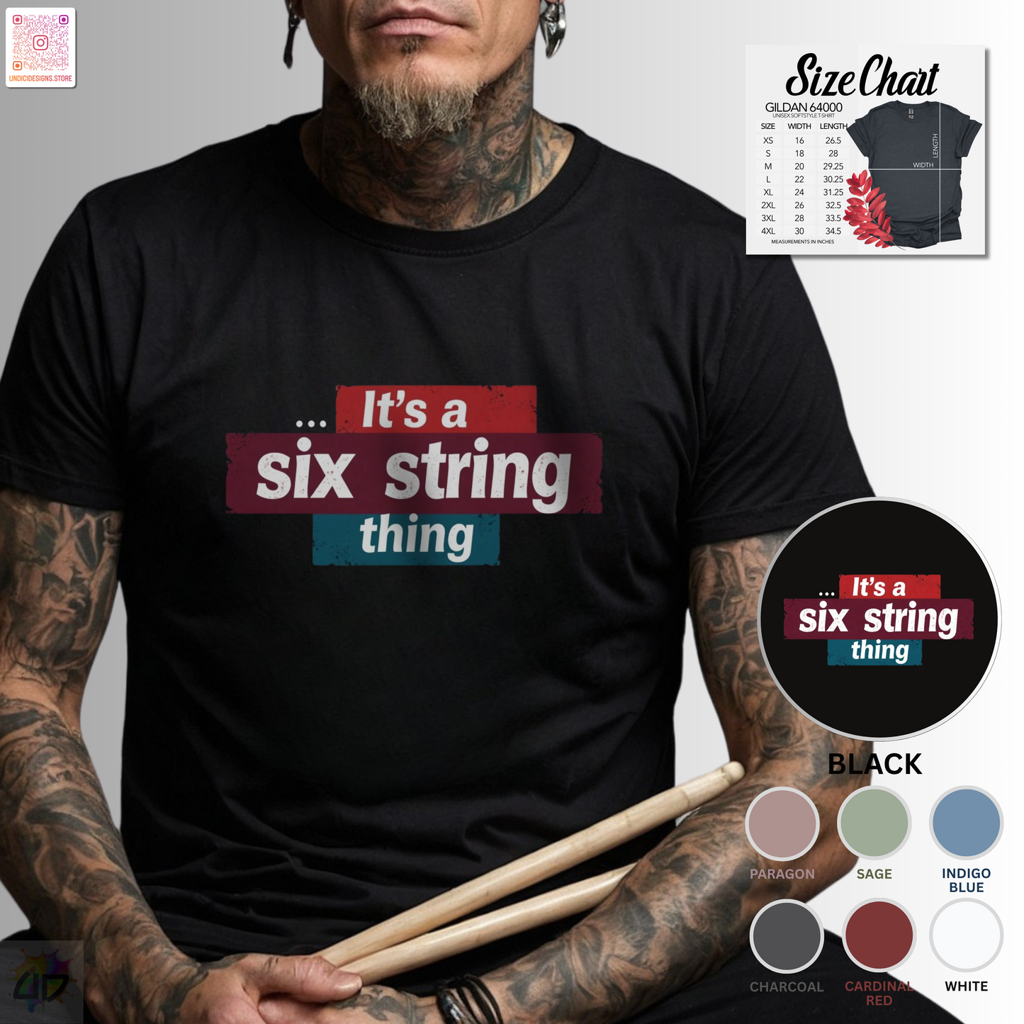 "It's a six-string thing" in highlighted text graphic tee.