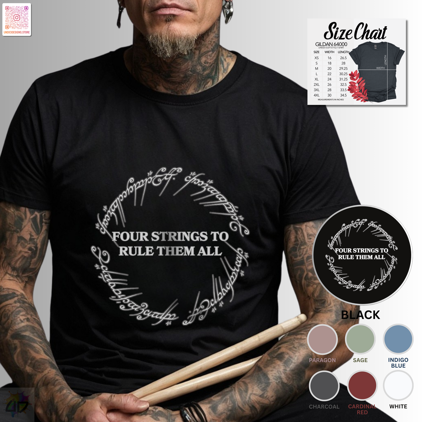 "Four strings to rule them all" in a circular graphic tee.