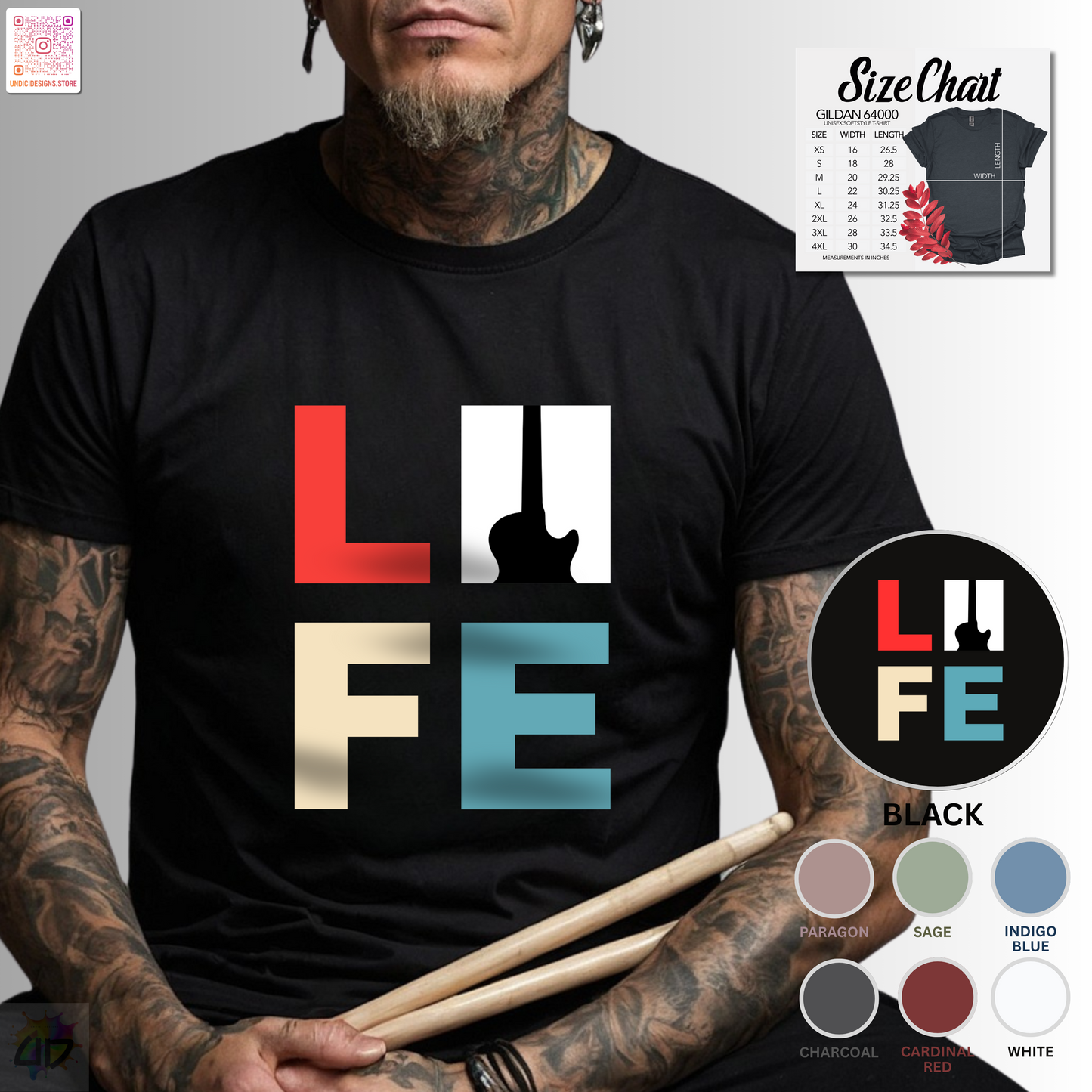 "LIFE" in color with guitar graphic tee.