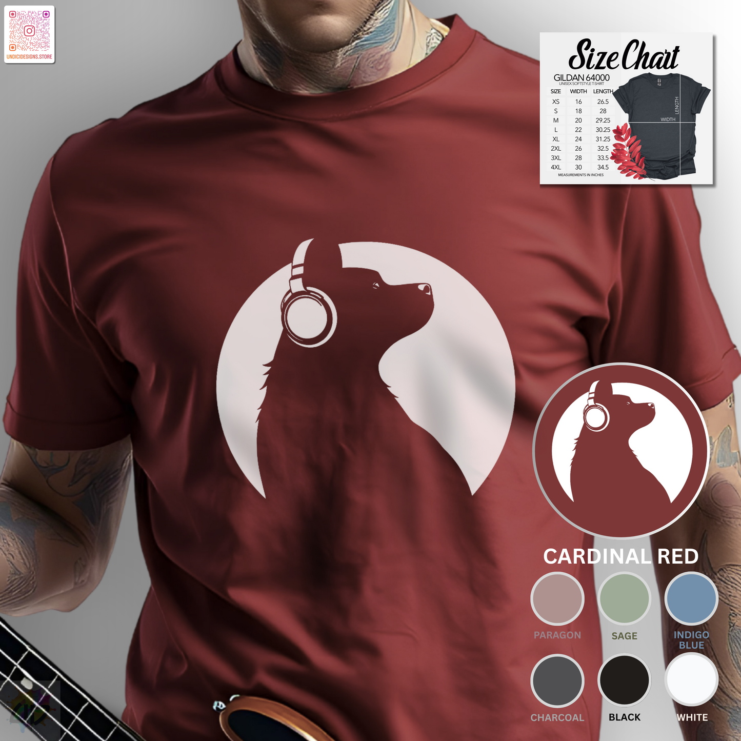 Silhouette of Puppy wearing headphones in a circular style graphic.