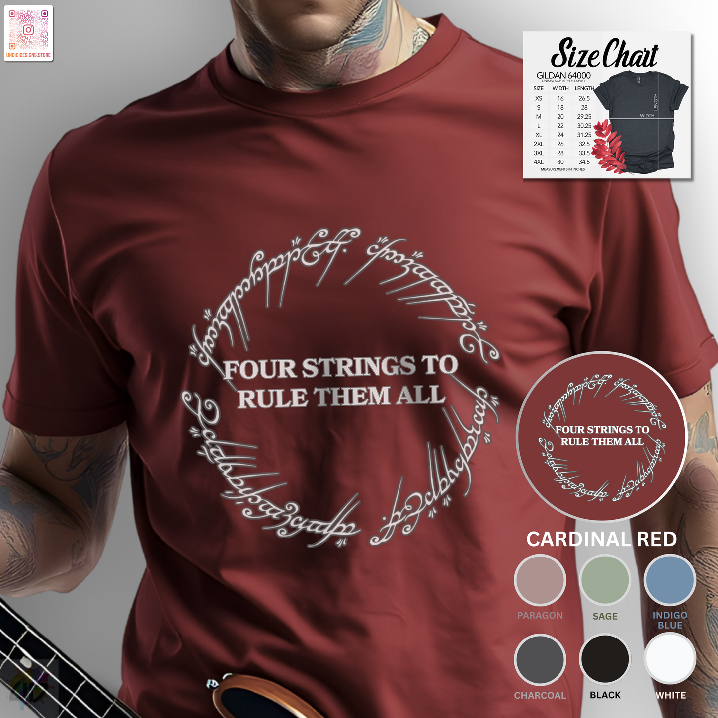 "Four strings to rule them all" in a circular graphic tee.