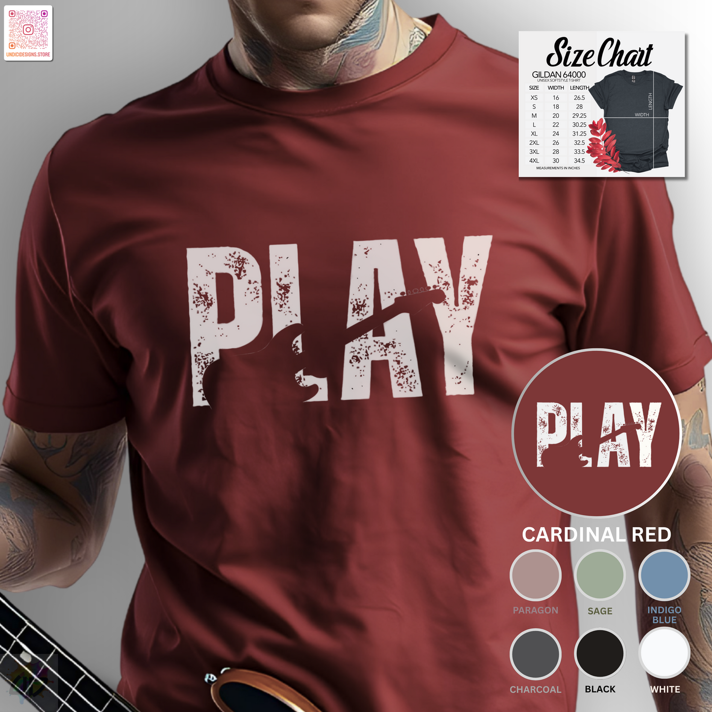 "Play" grunge graphic with guitar silhouette graphic tee.