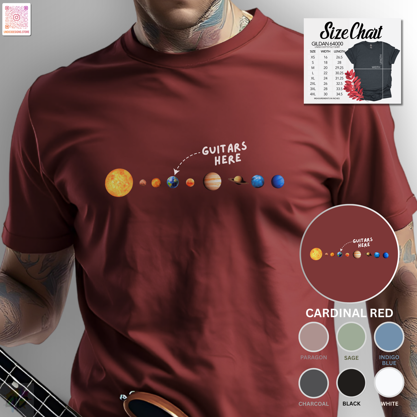 "Guitars Here" vertical solar system graphic tee.