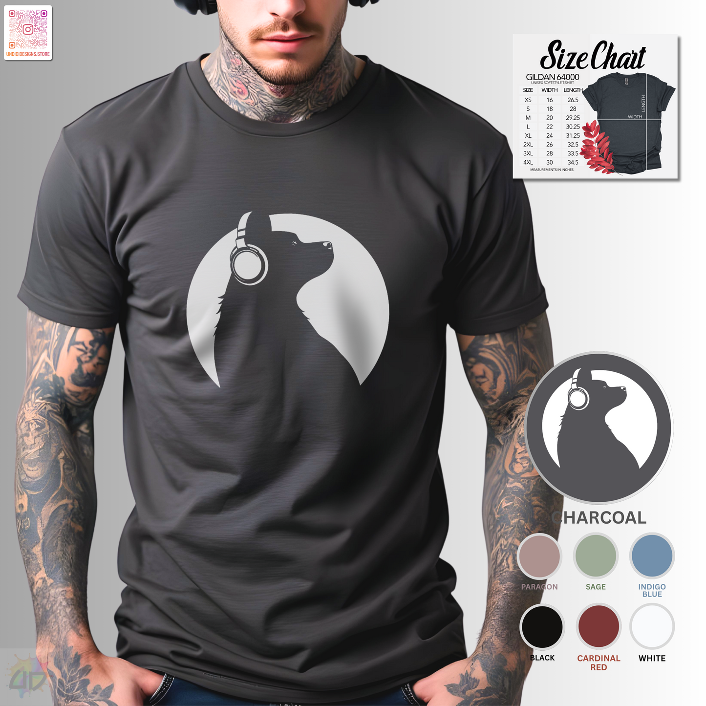 Silhouette of Puppy wearing headphones in a circular style graphic.