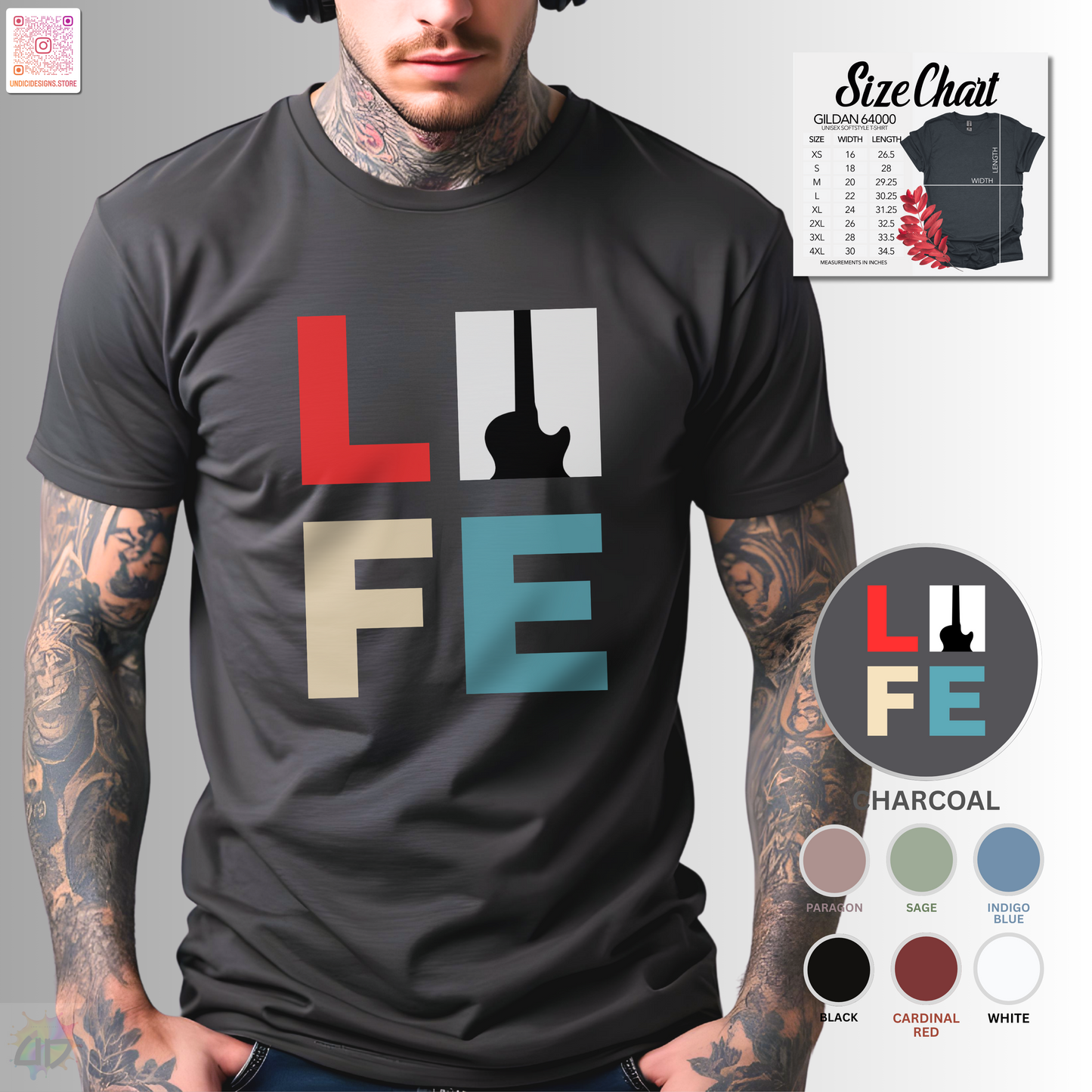 "LIFE" in color with guitar graphic tee.