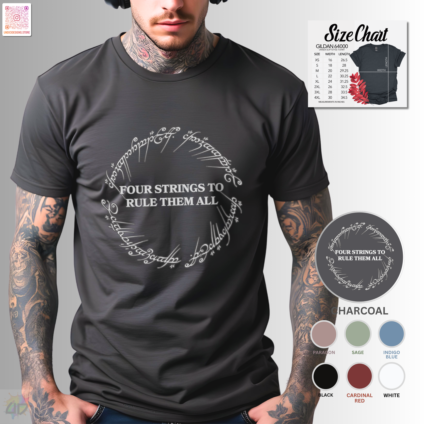 "Four strings to rule them all" in a circular graphic tee.