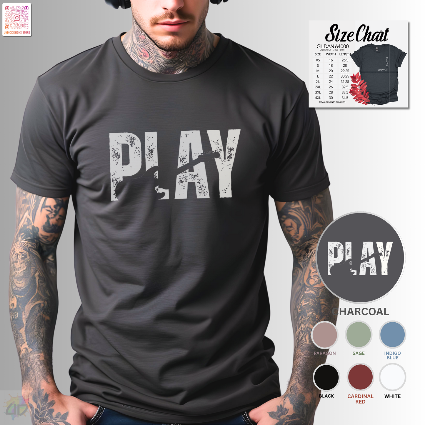 "Play" grunge graphic with guitar silhouette graphic tee.