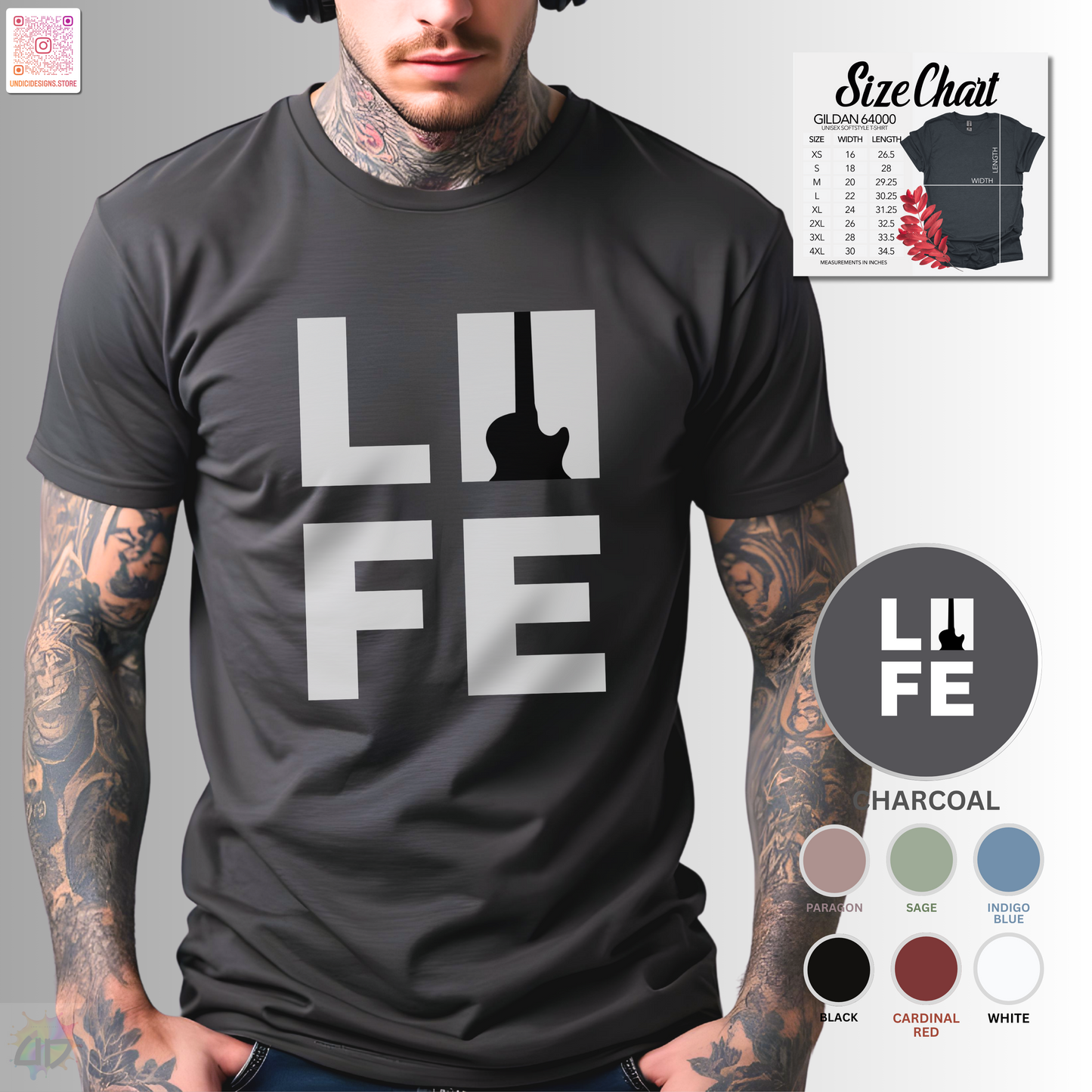 "LIFE" in a black and white box graphic tee with guitar.