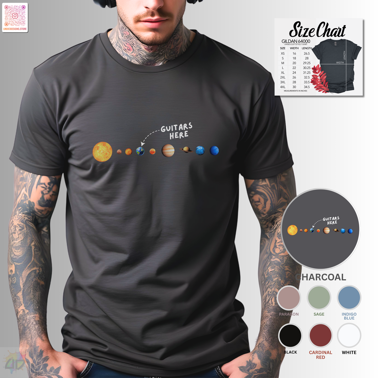 "Guitars Here" vertical solar system graphic tee.