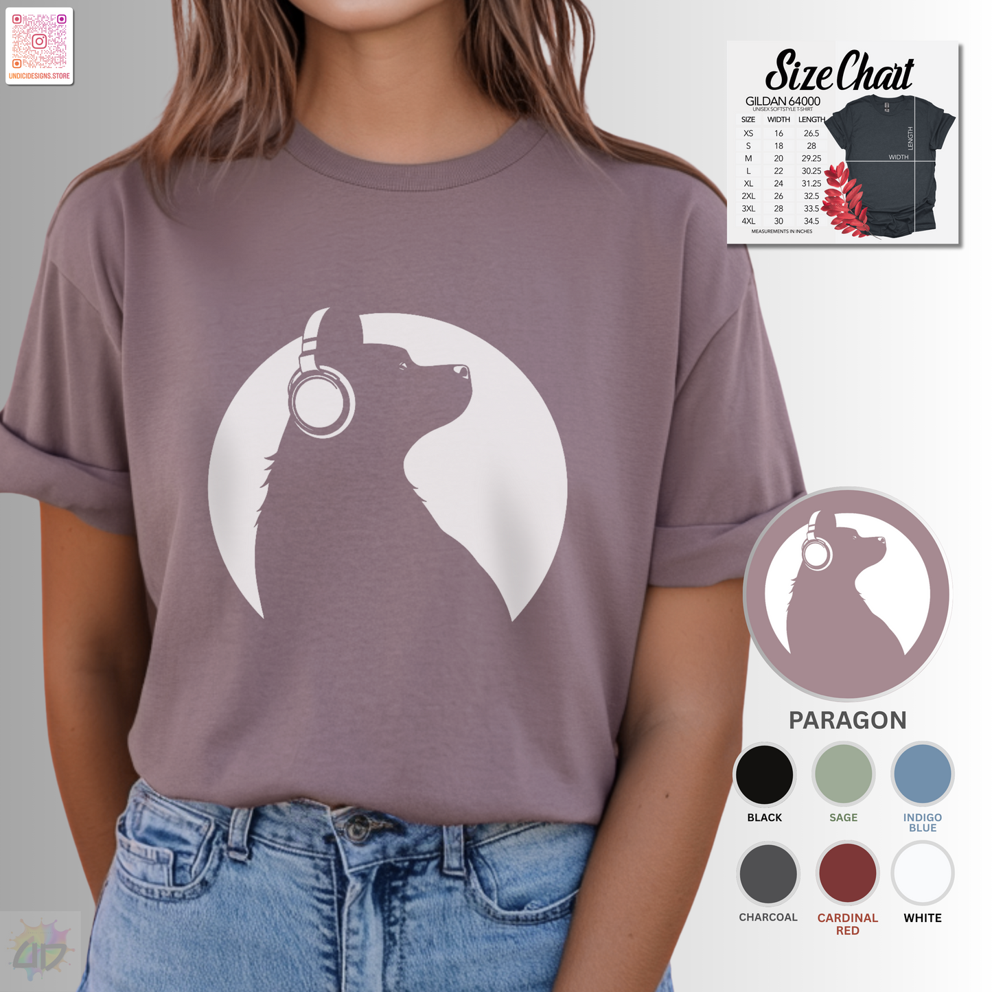 Silhouette of Puppy wearing headphones in a circular style graphic.