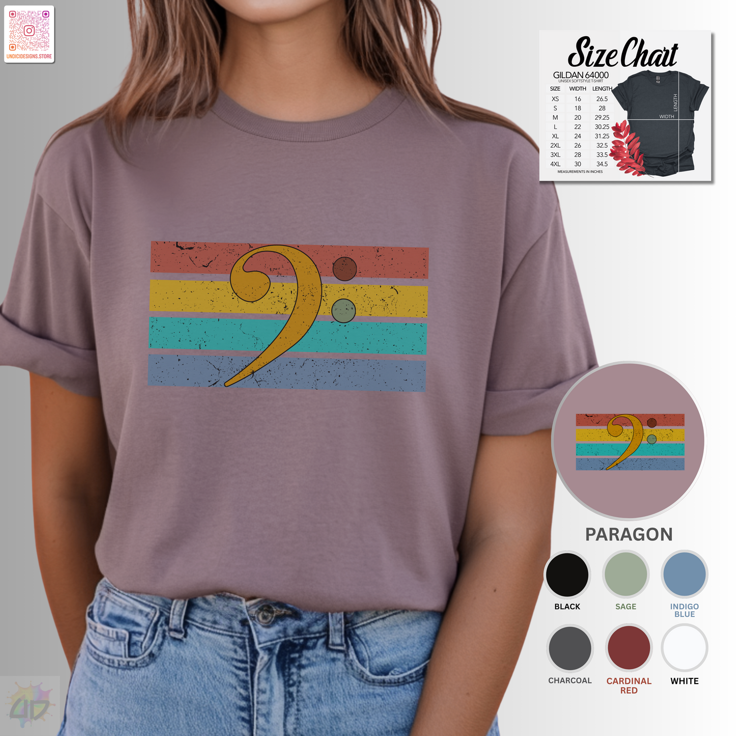 Multi-colored Bass clef on a retro-sunset graphic tee.