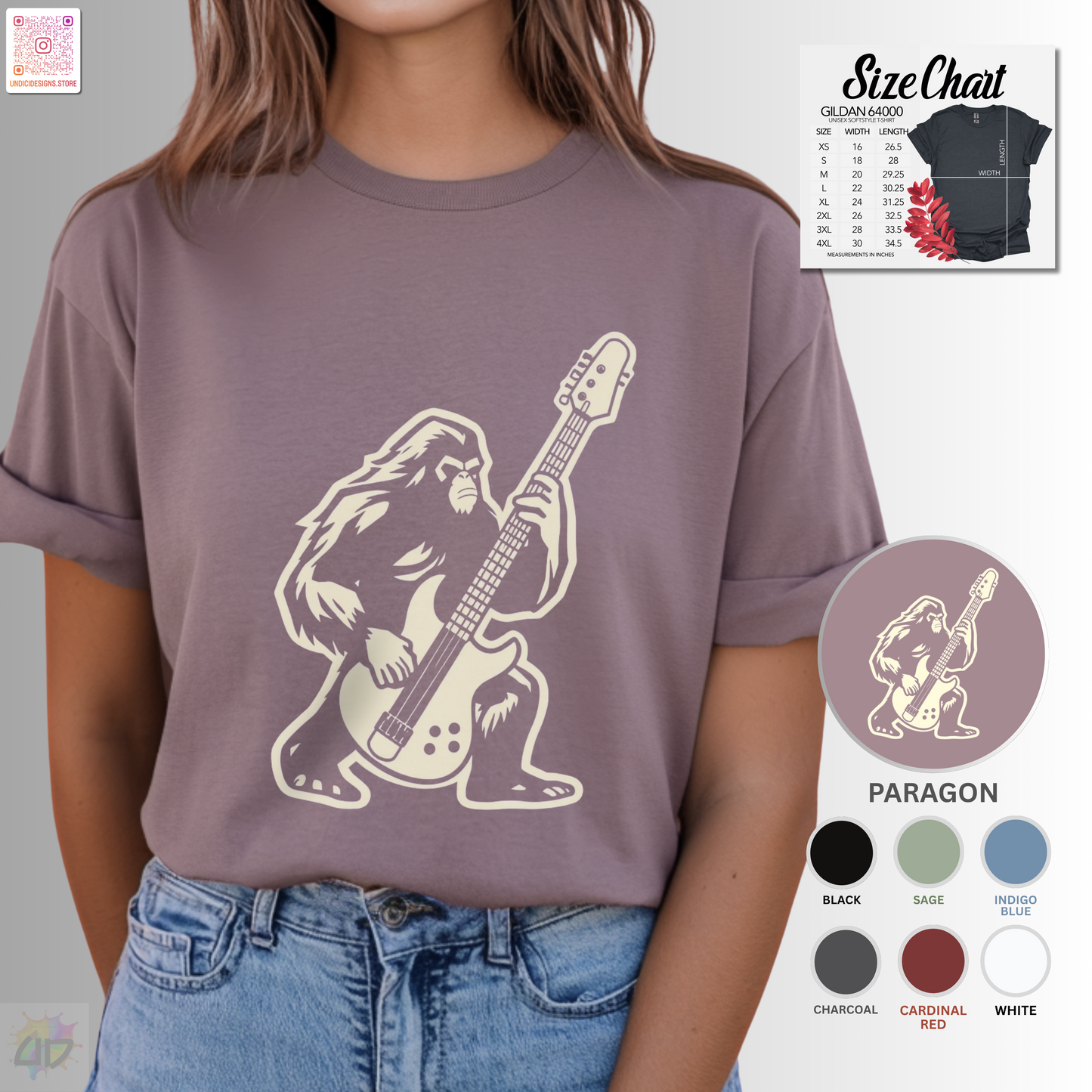 Bass-squatch silhouette in a cream-colored graphic tee.