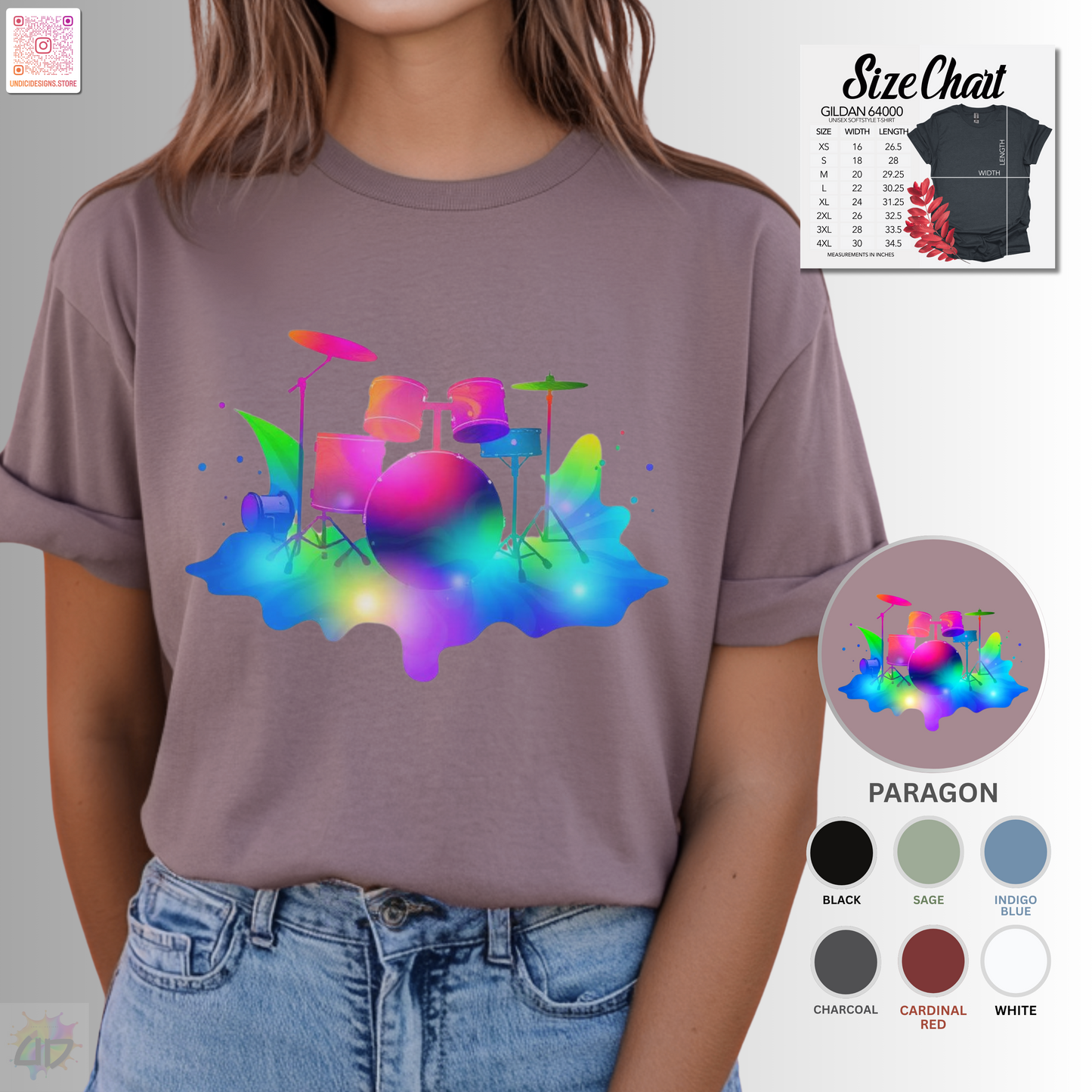 Colorful drum set in a vibrant splash graphic tee.