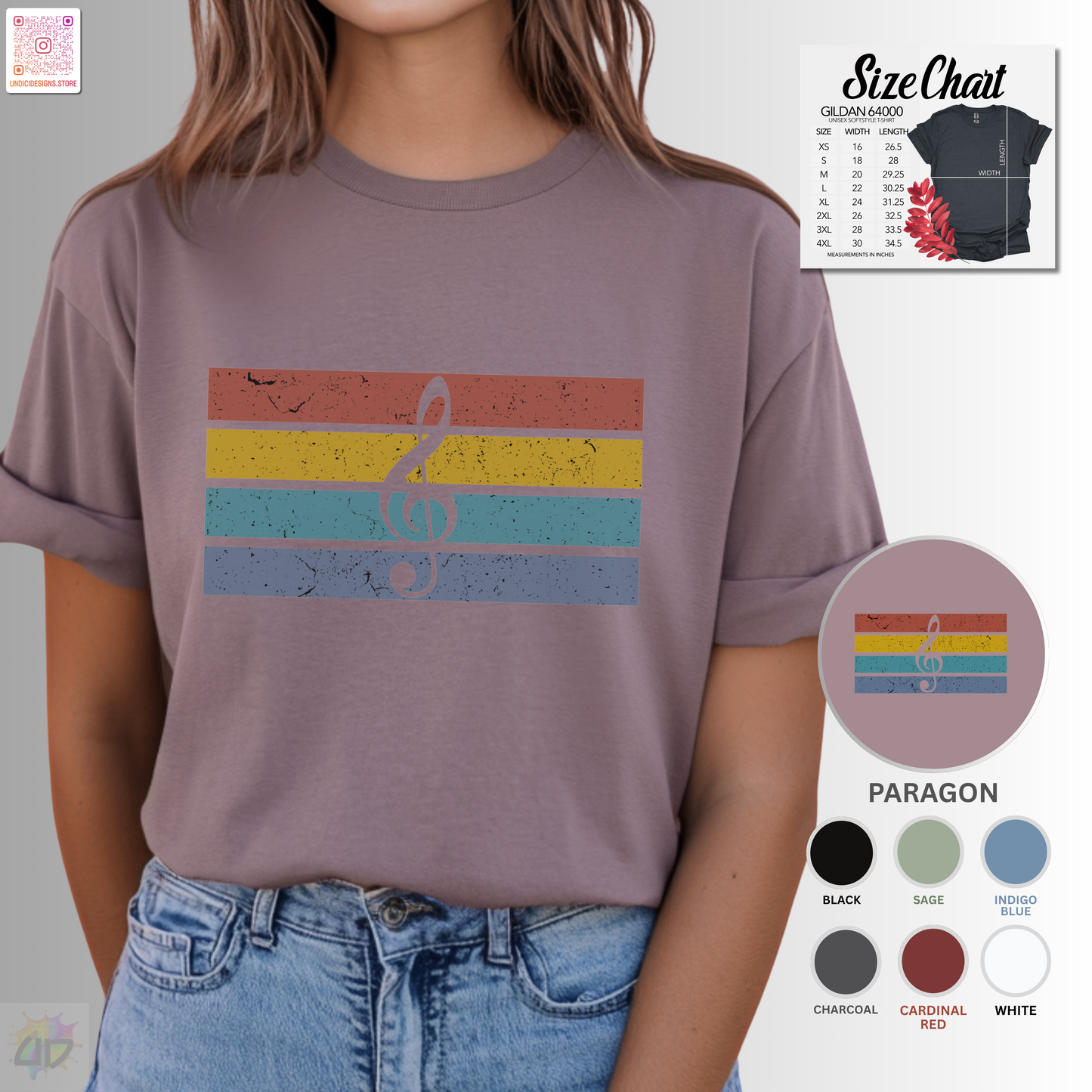 Treble clef on retro sunset graphic tee.