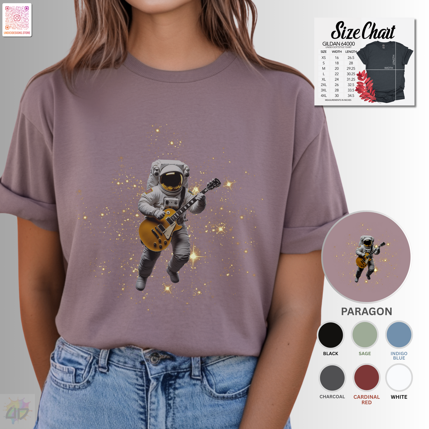 Astronaut in space playing guitar graphic tee.