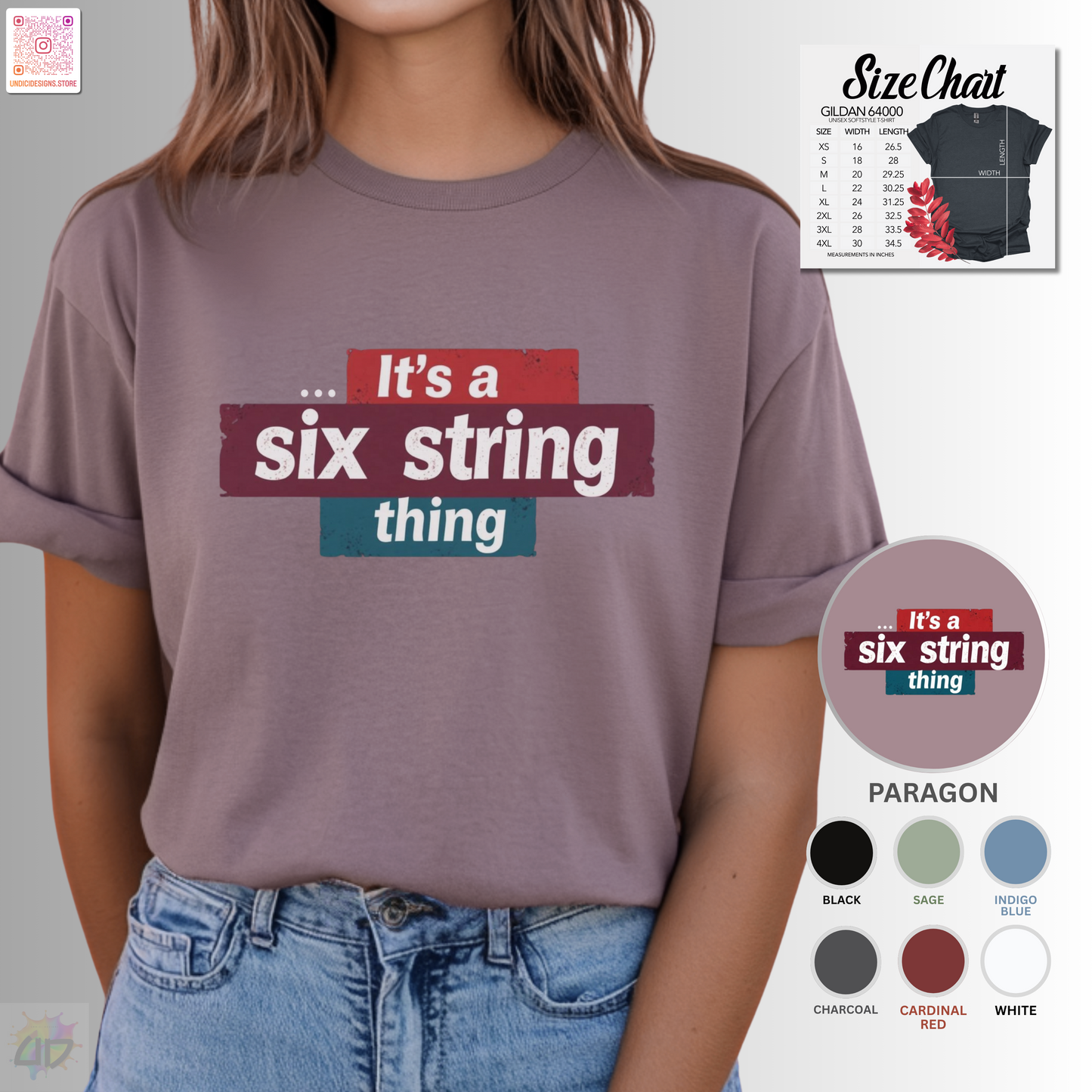 "It's a six-string thing" in highlighted text graphic tee.