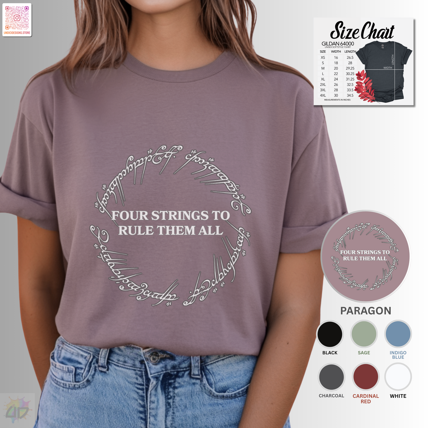 "Four strings to rule them all" in a circular graphic tee.