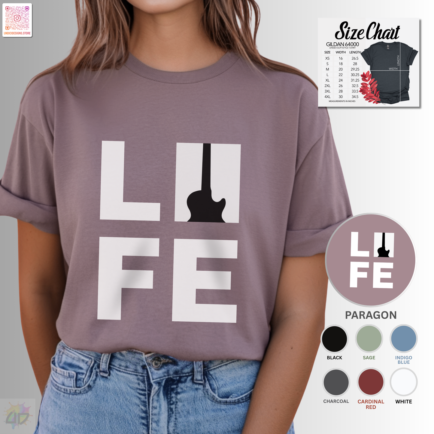 "LIFE" in a black and white box graphic tee with guitar.