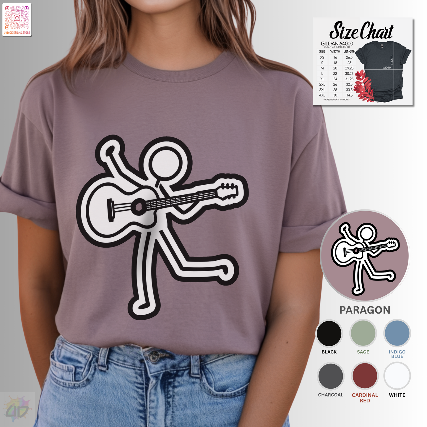 Joe Stick playing an acoustic guitar graphic tee.