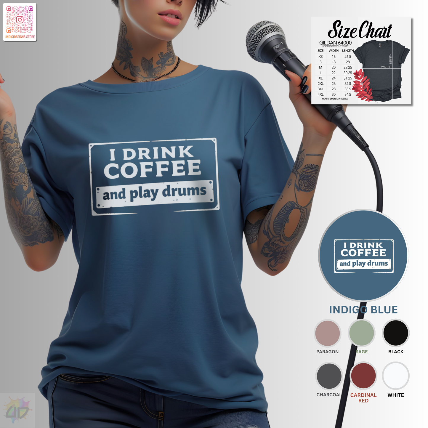 "I drink coffee and play drums" in a stamp design tee.