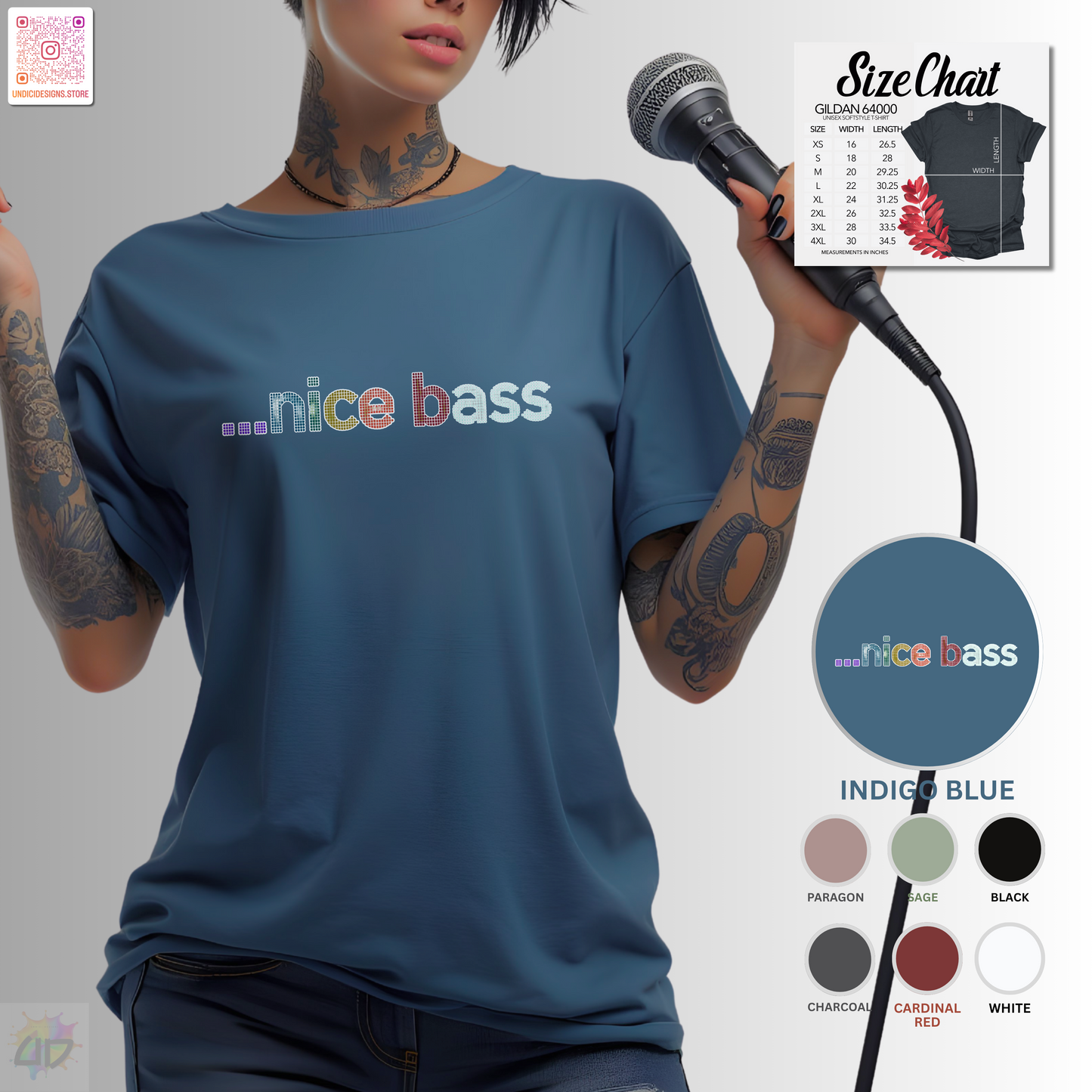 "...Nice Bass" in colorful pixelated lettering, graphic tee.