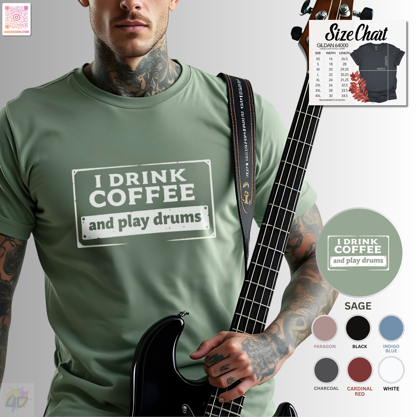 "I drink coffee and play drums" in a stamp design tee.