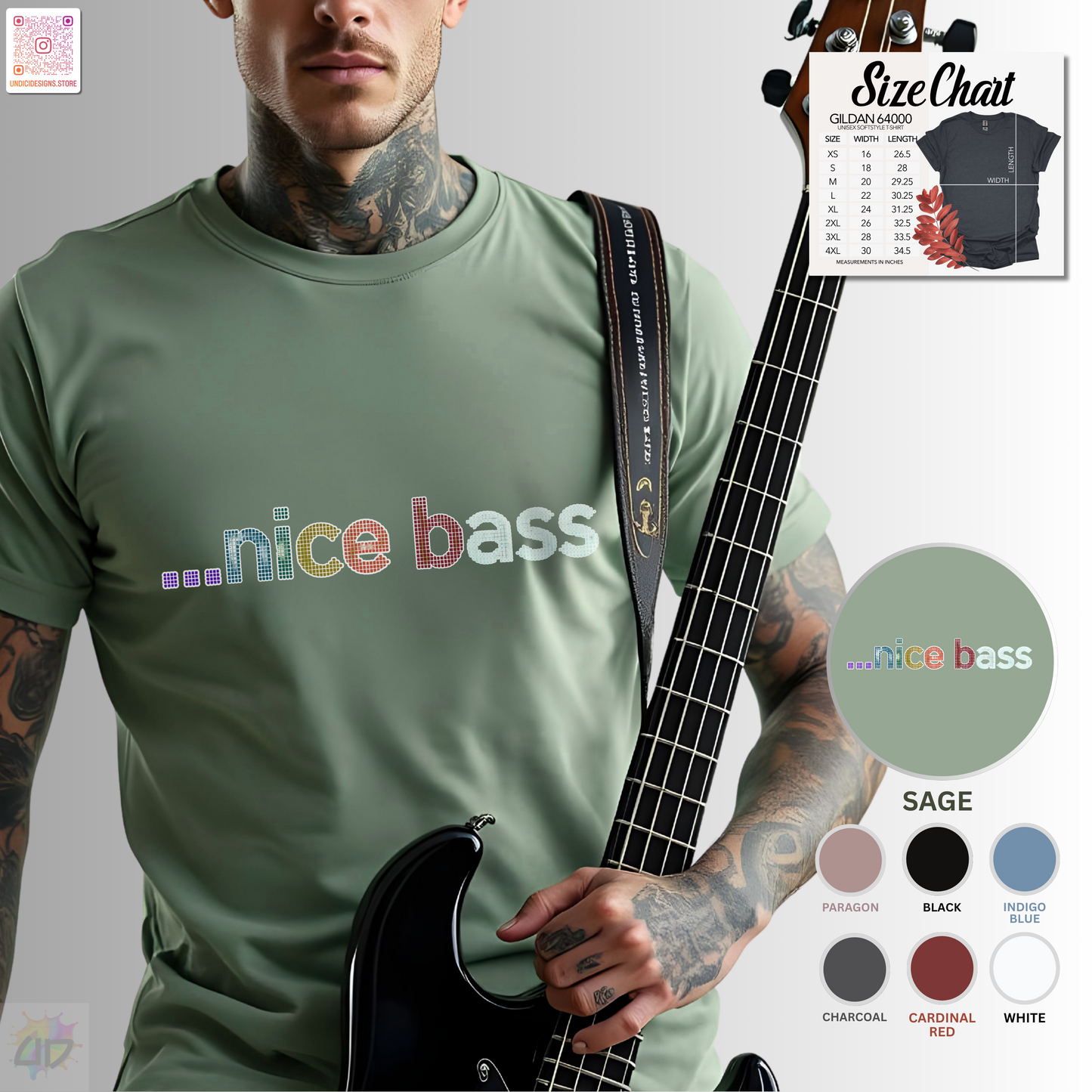 "...Nice Bass" in colorful pixelated lettering, graphic tee.