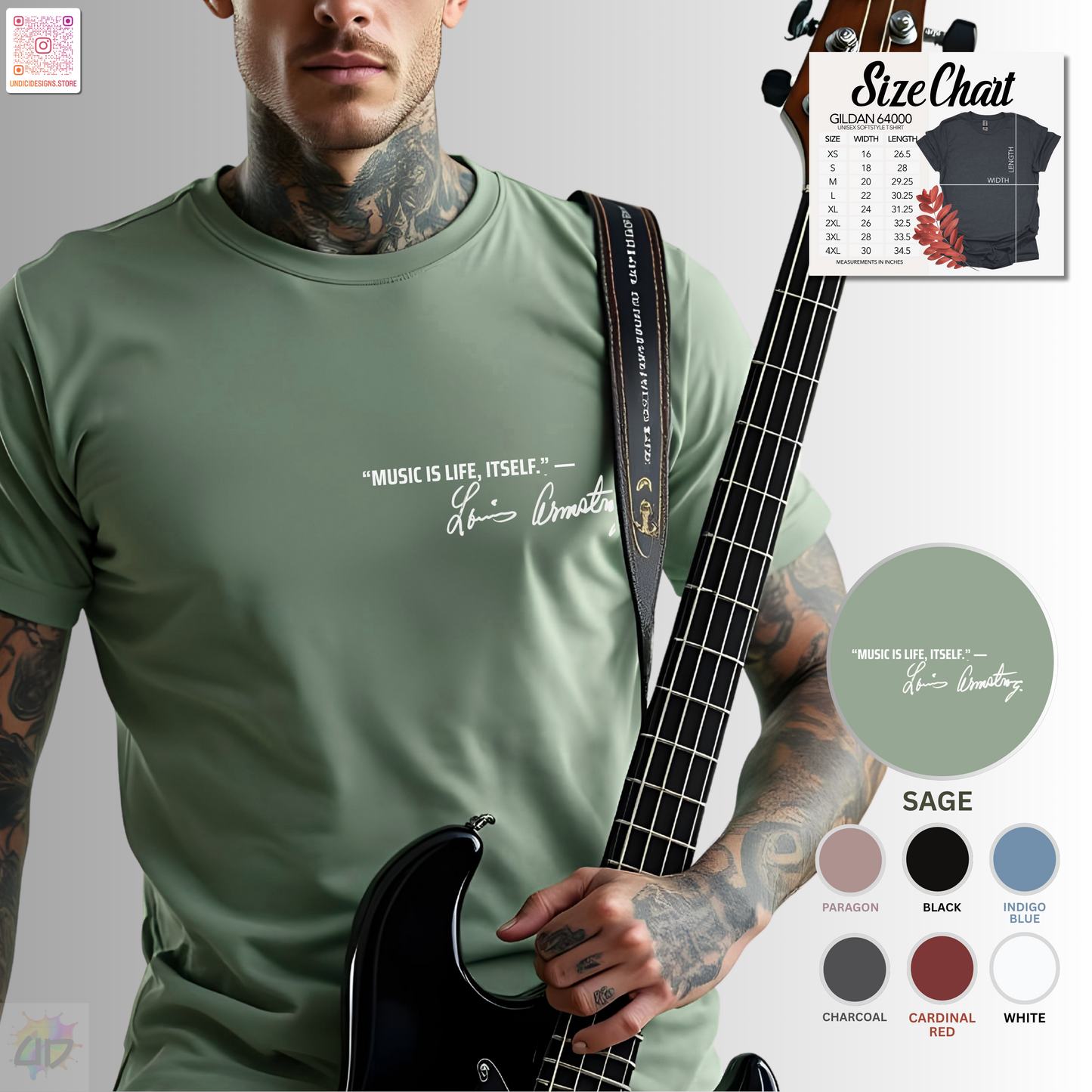 "Music is life itself" Louis Armstrong quote pocket graphic tee.