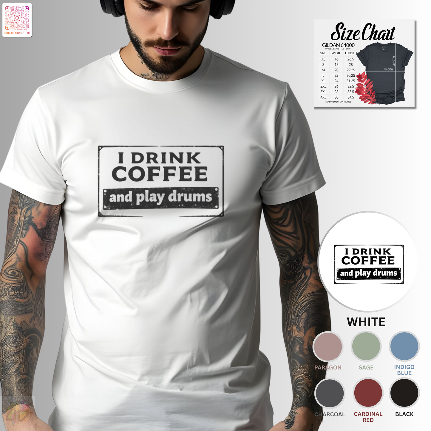 "I drink coffee and play drums" in a stamp design tee.