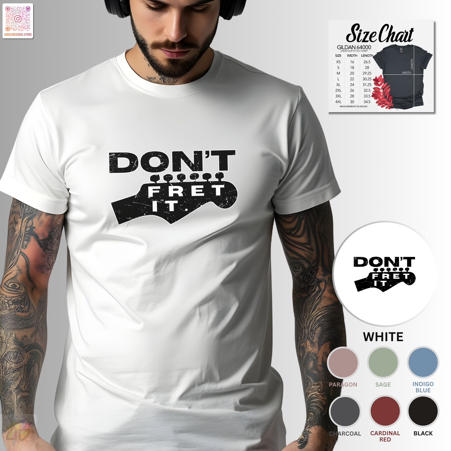 "Don't fret it" guitar headstock graphic tee.