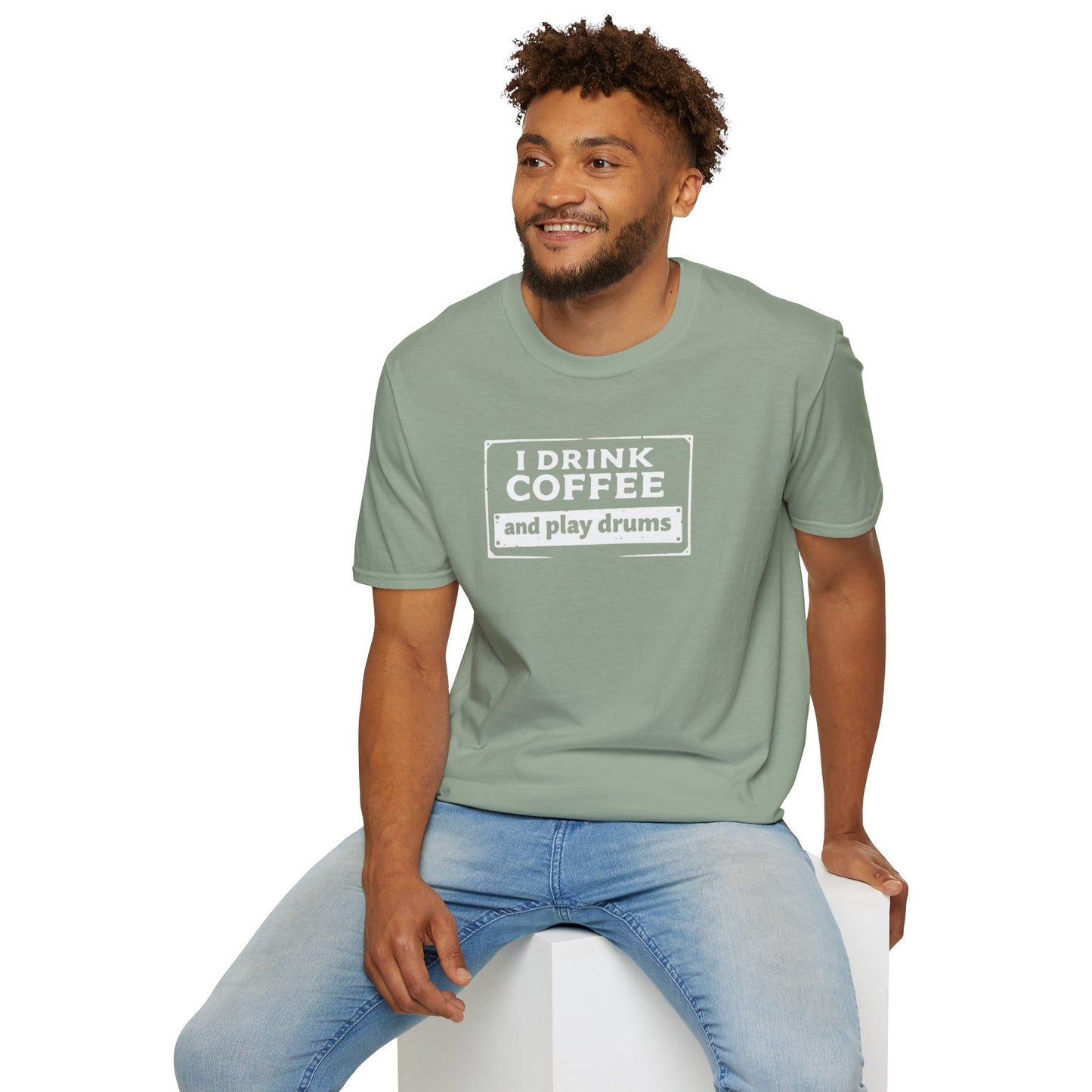 "I drink coffee and play drums" in a stamplike design