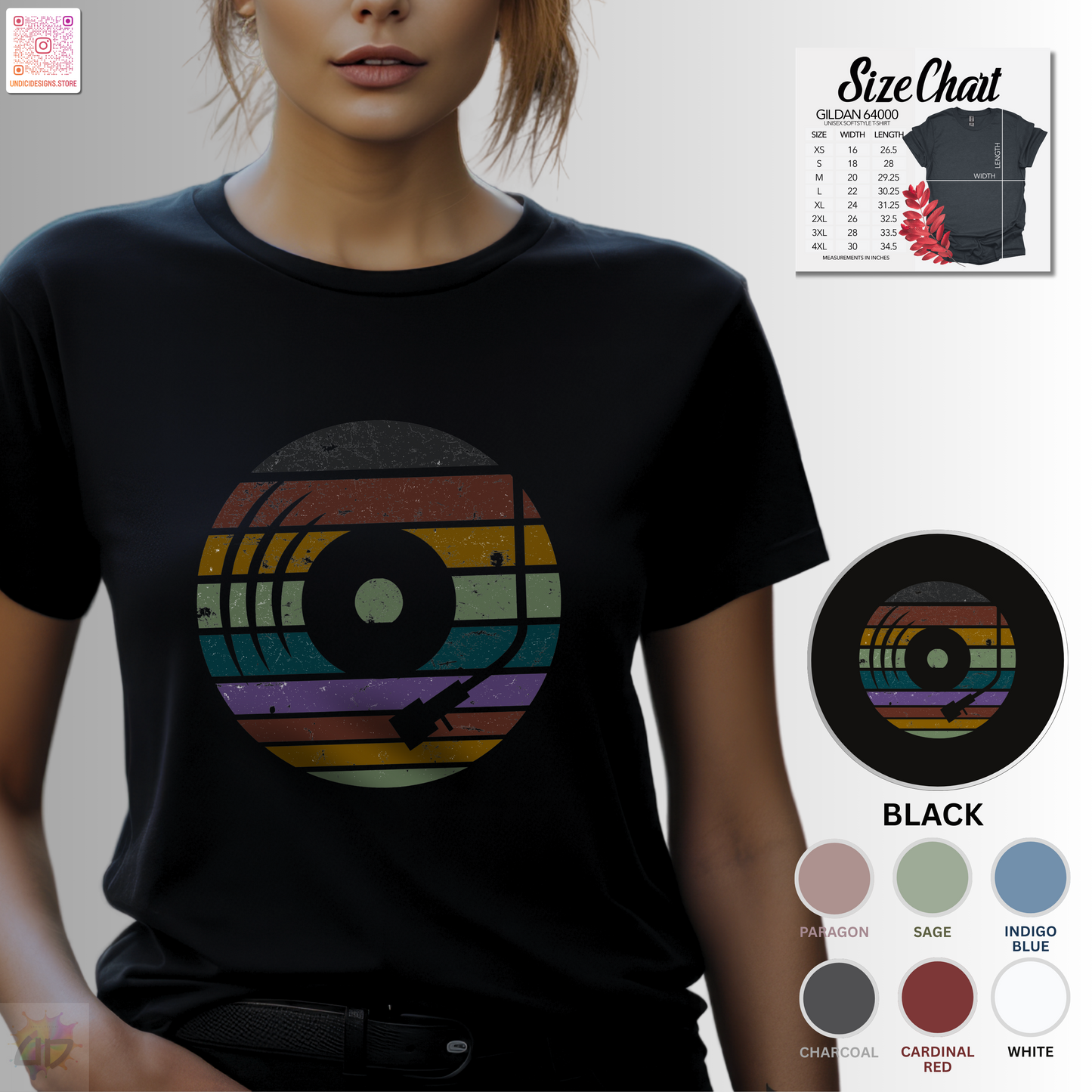Vinyl record graphic in retro sunset tee.