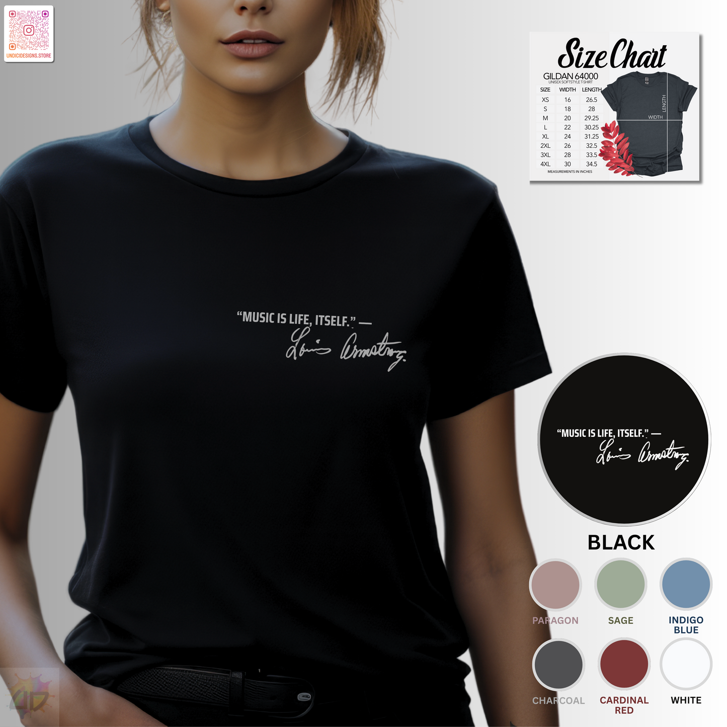 "Music is life itself" Louis Armstrong quote pocket graphic tee.