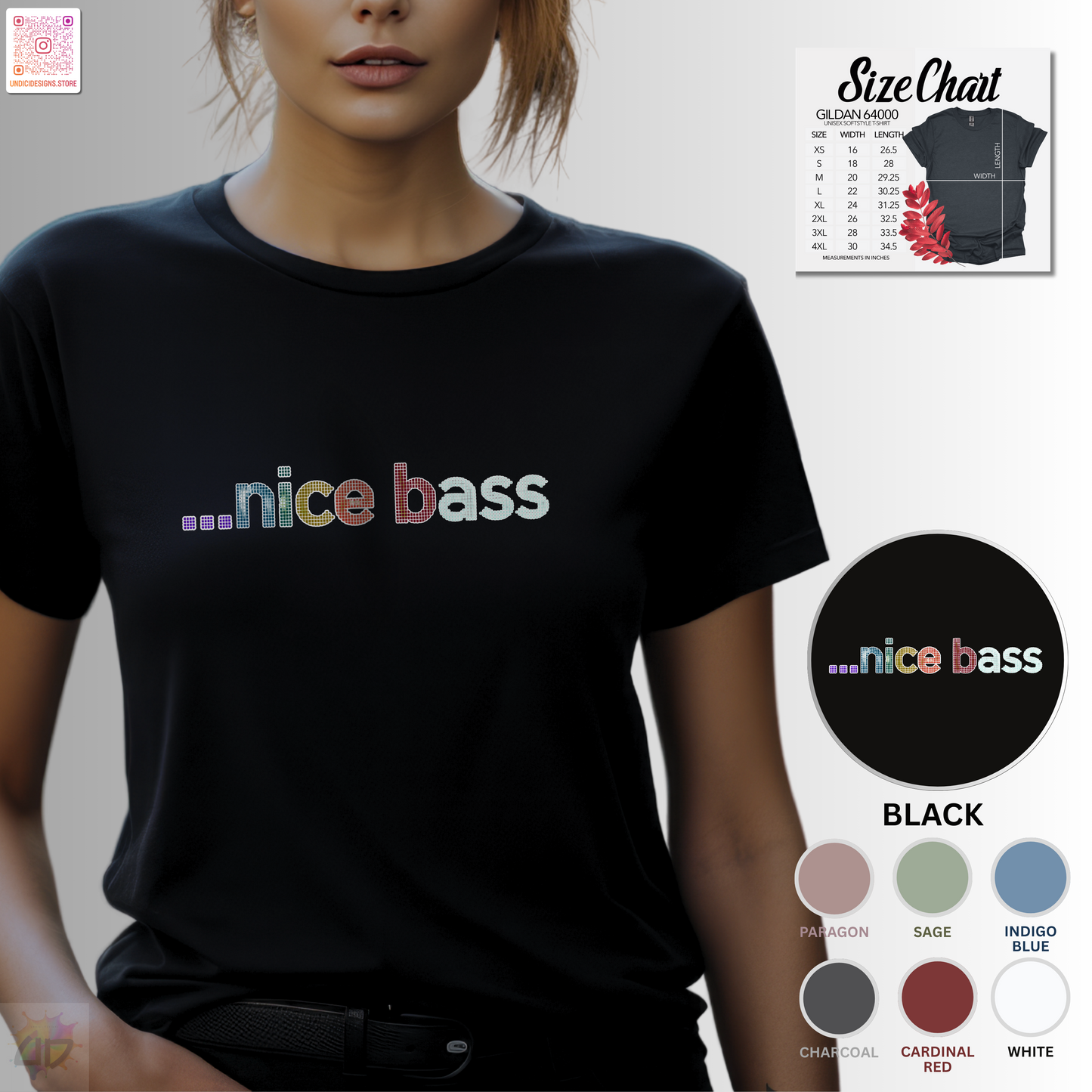 "...Nice Bass" in colorful pixelated lettering, graphic tee.