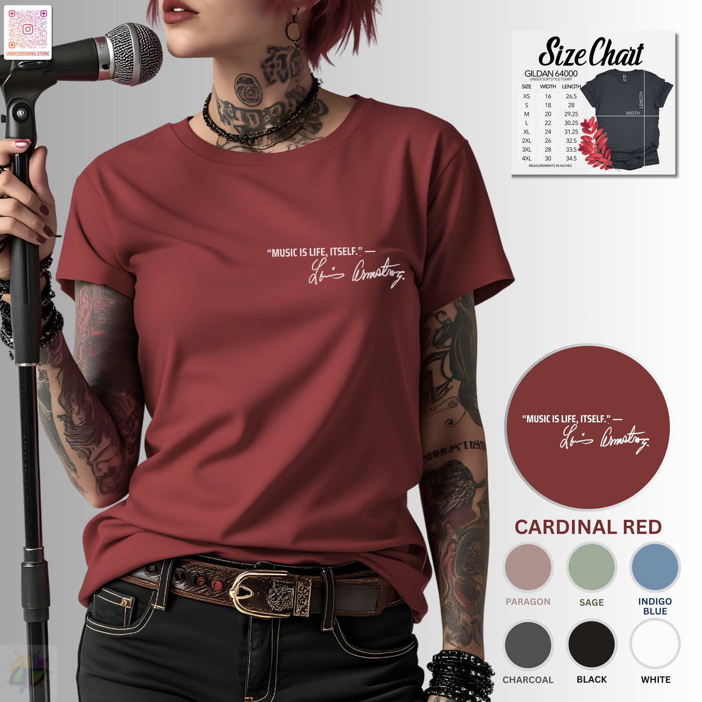 "Music is life itself" Louis Armstrong quote pocket graphic tee.