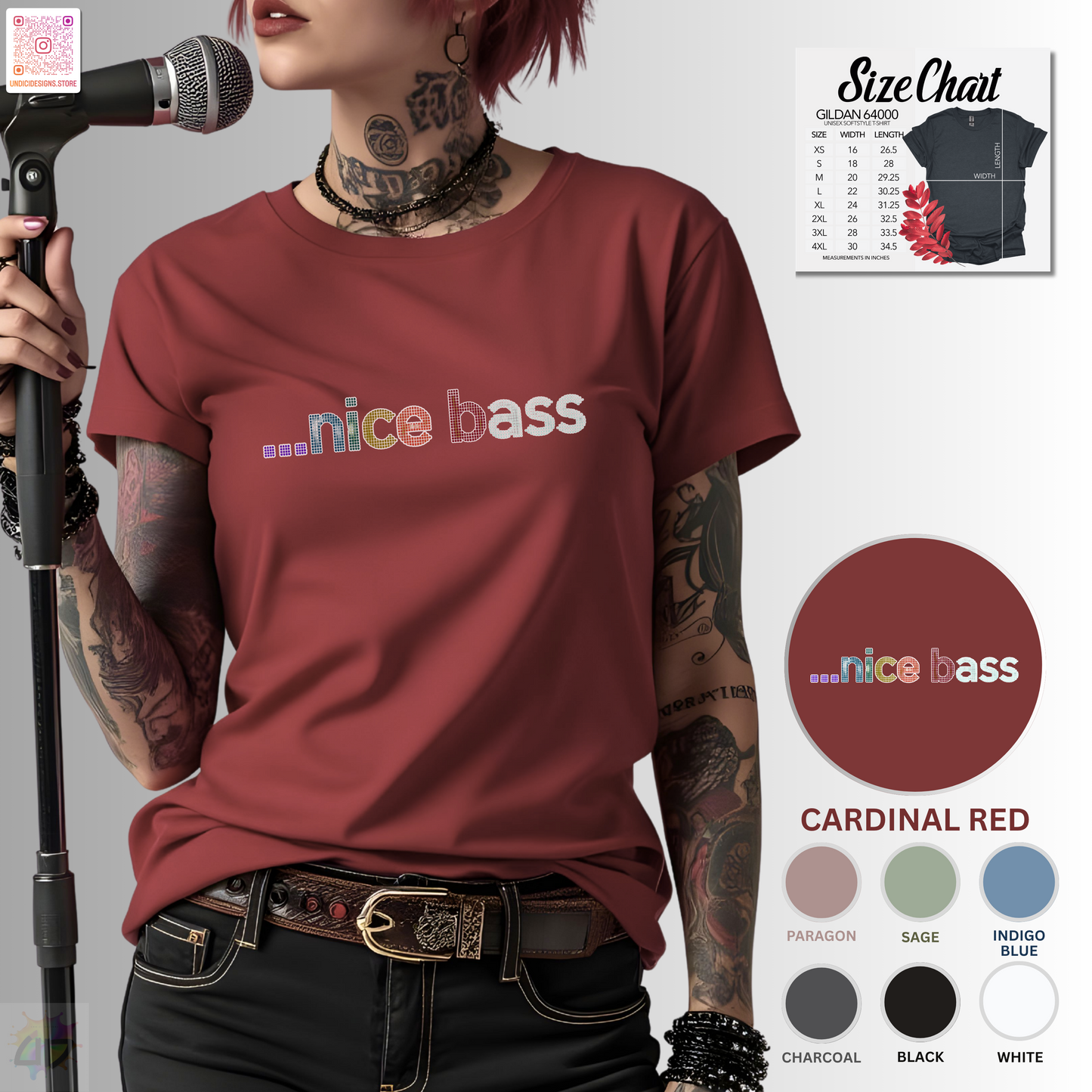 "...Nice Bass" in colorful pixelated lettering, graphic tee.