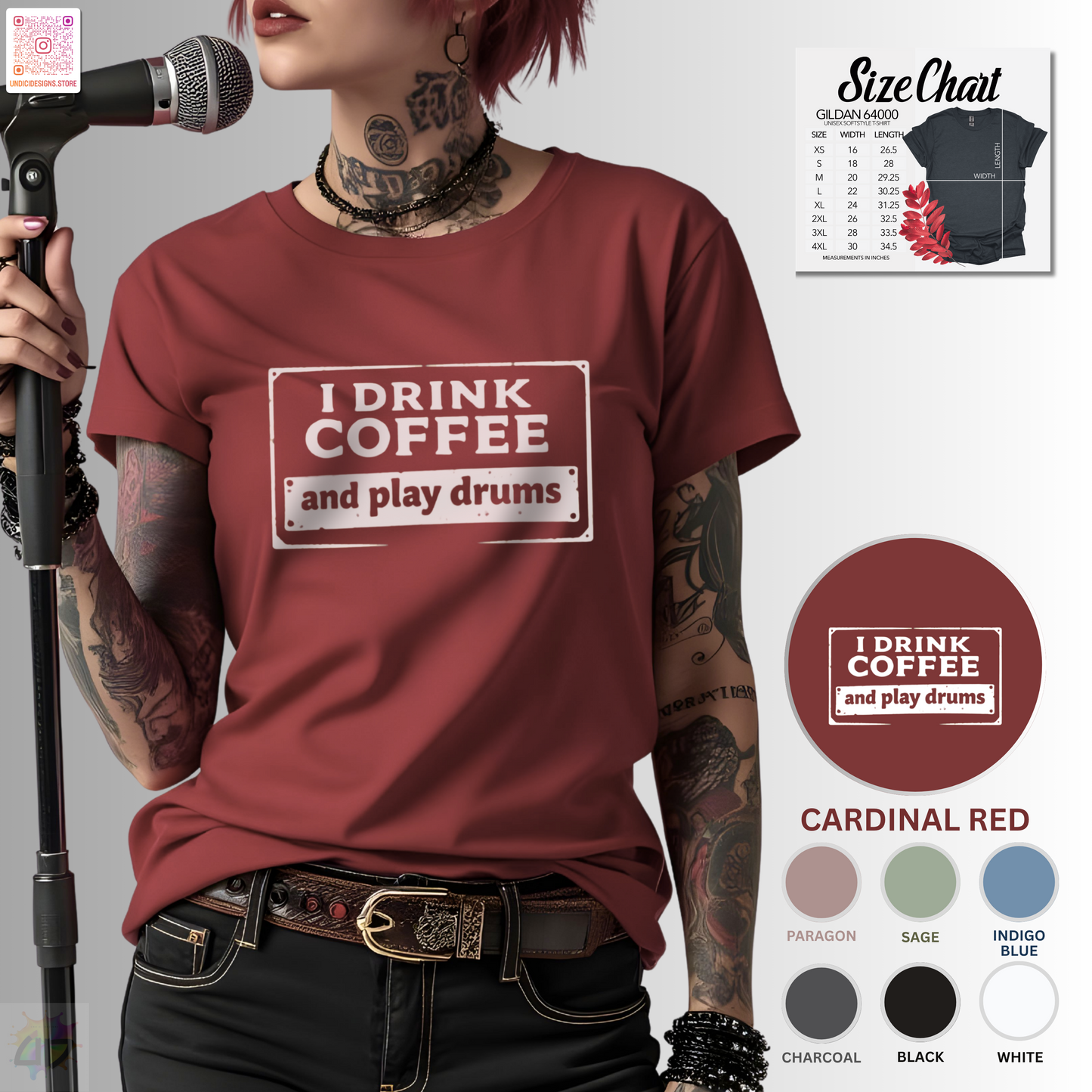 "I drink coffee and play drums" in a stamp design tee.