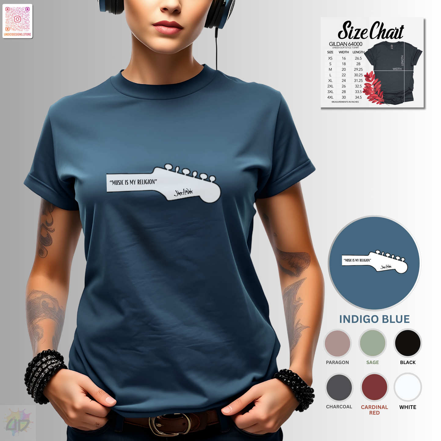 "Music is my religion" quote on guitar headstock graphic tee.