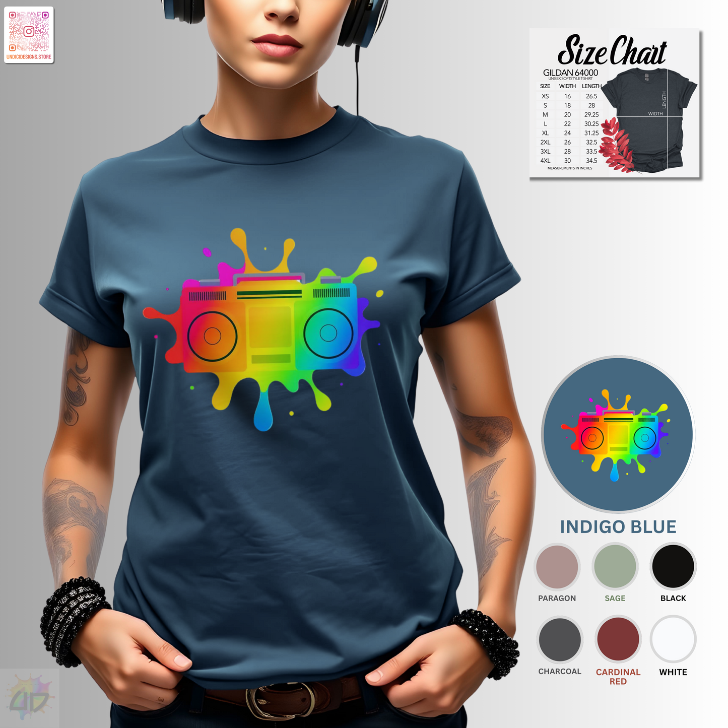 Colorful boombox in an artistic splash of vibrant paint graphic tee.