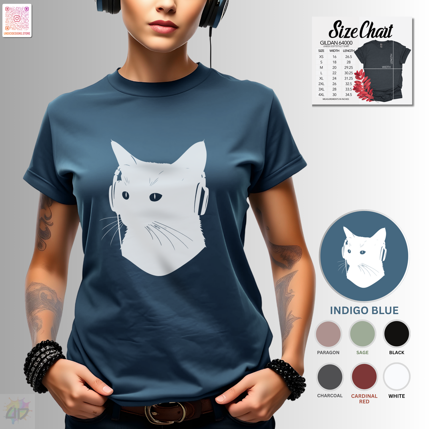 silhouette of kitten wearing headphones graphic tee.