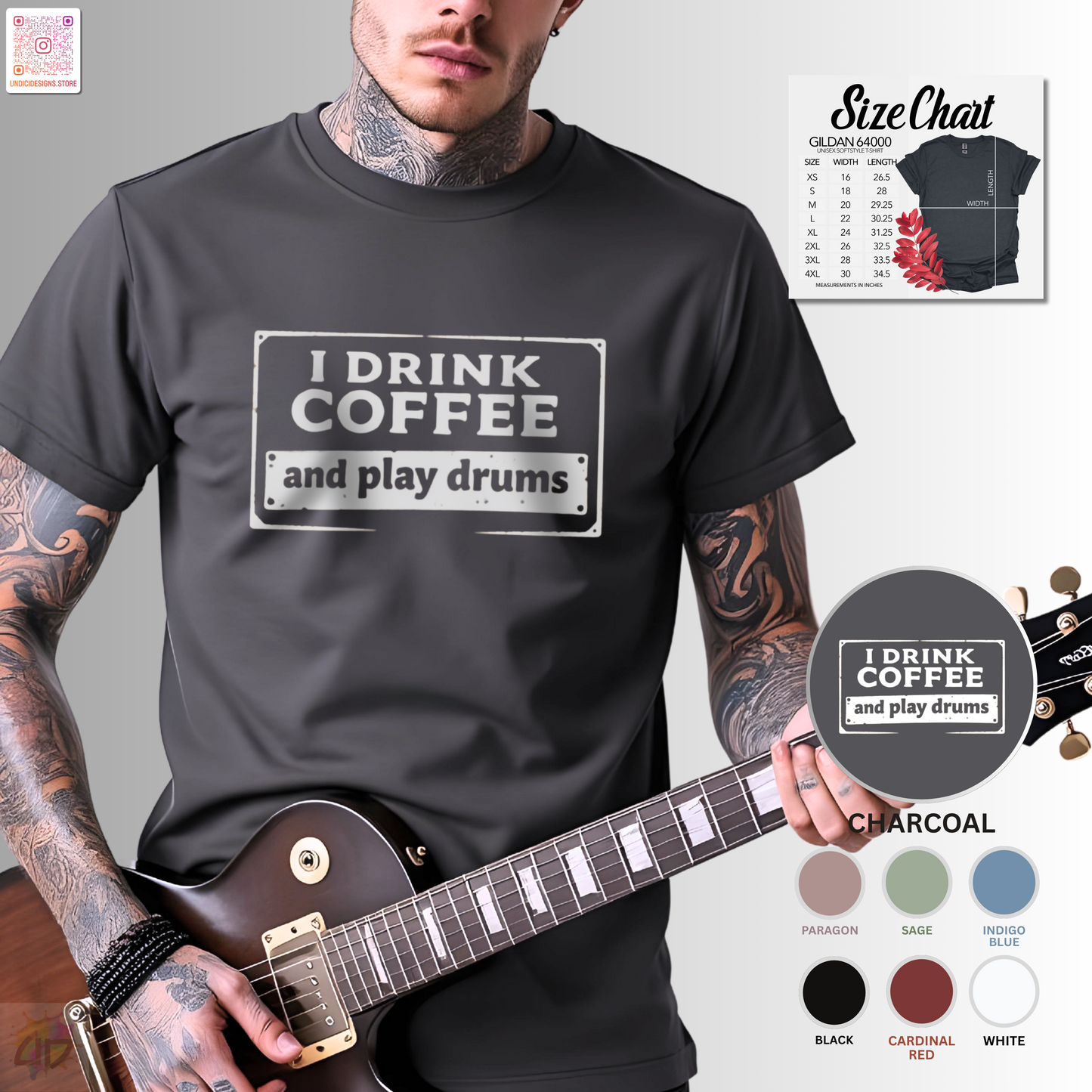 "I drink coffee and play drums" in a stamp design tee.